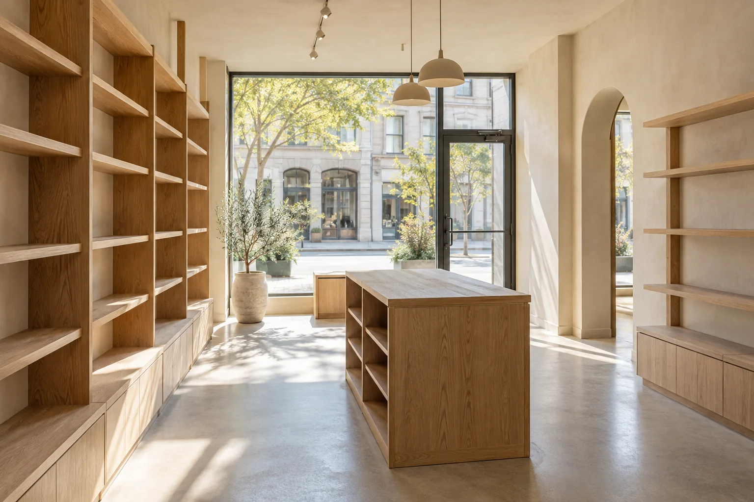 Illustrative empty boutique with new wooden shelving before opening.